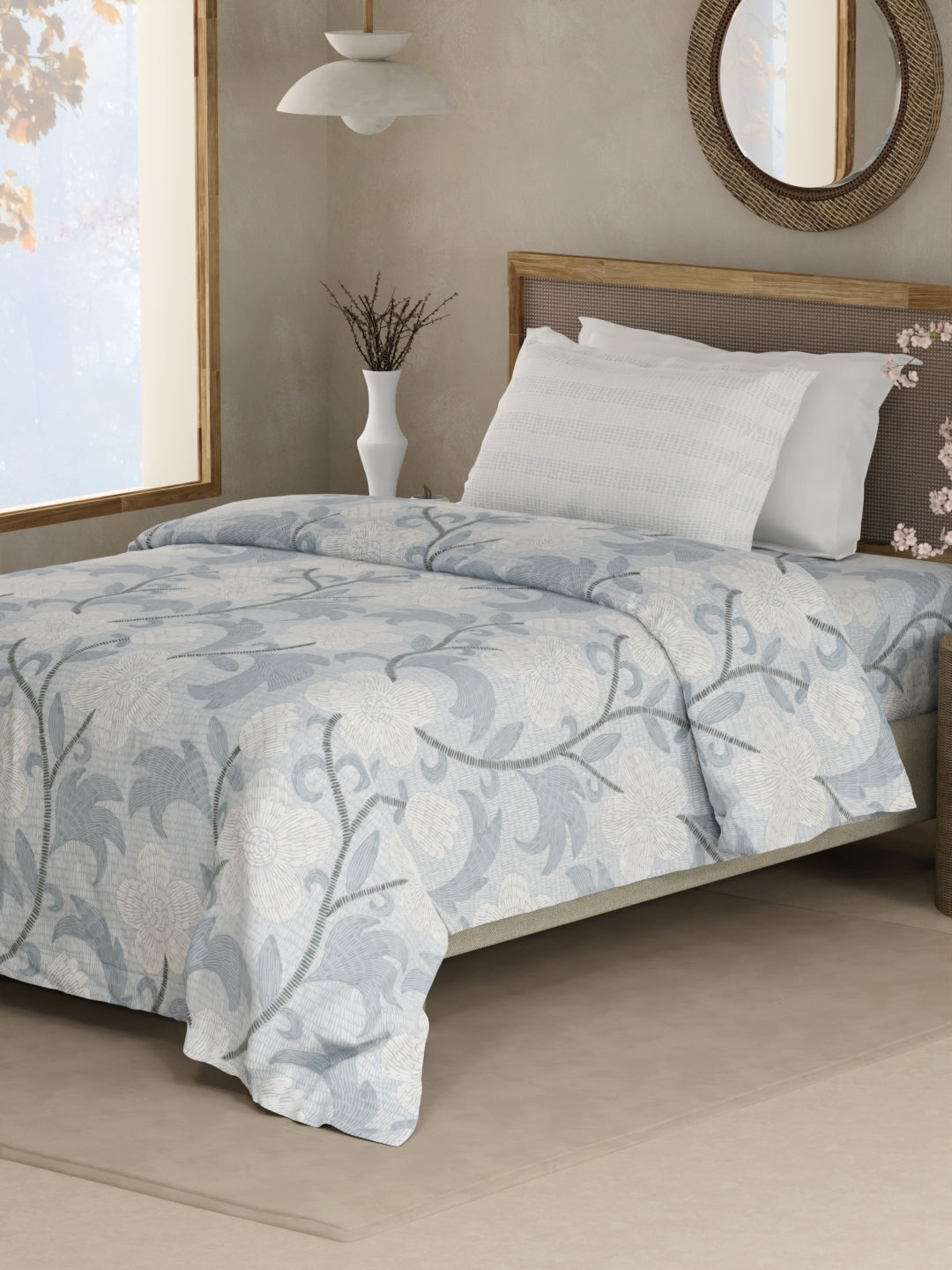 Valatia 100% Cotton 200 TC Single Bedsheet with 1 Pillow Cover - Blue Floral
