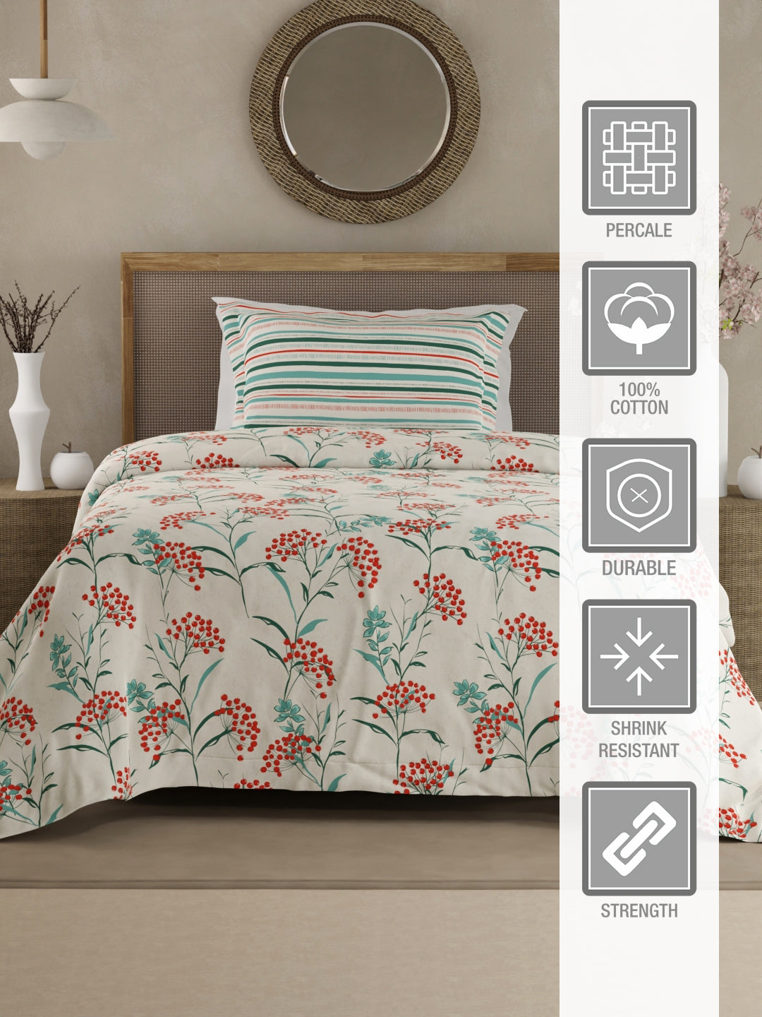 Valatia 100% Cotton 200 TC Single Bedsheet with 1 Pillow Cover - Red & Blue Floral