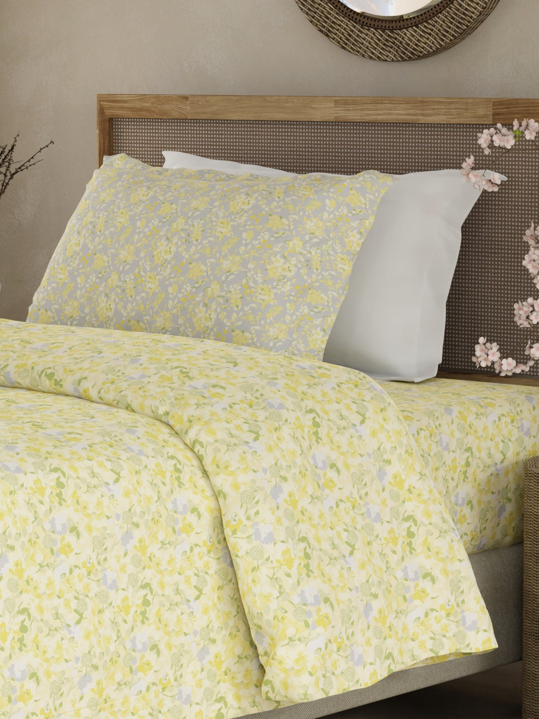 Valatia 100% Cotton 200 TC Single Bedsheet with 1 Pillow Cover - Yellow Floral