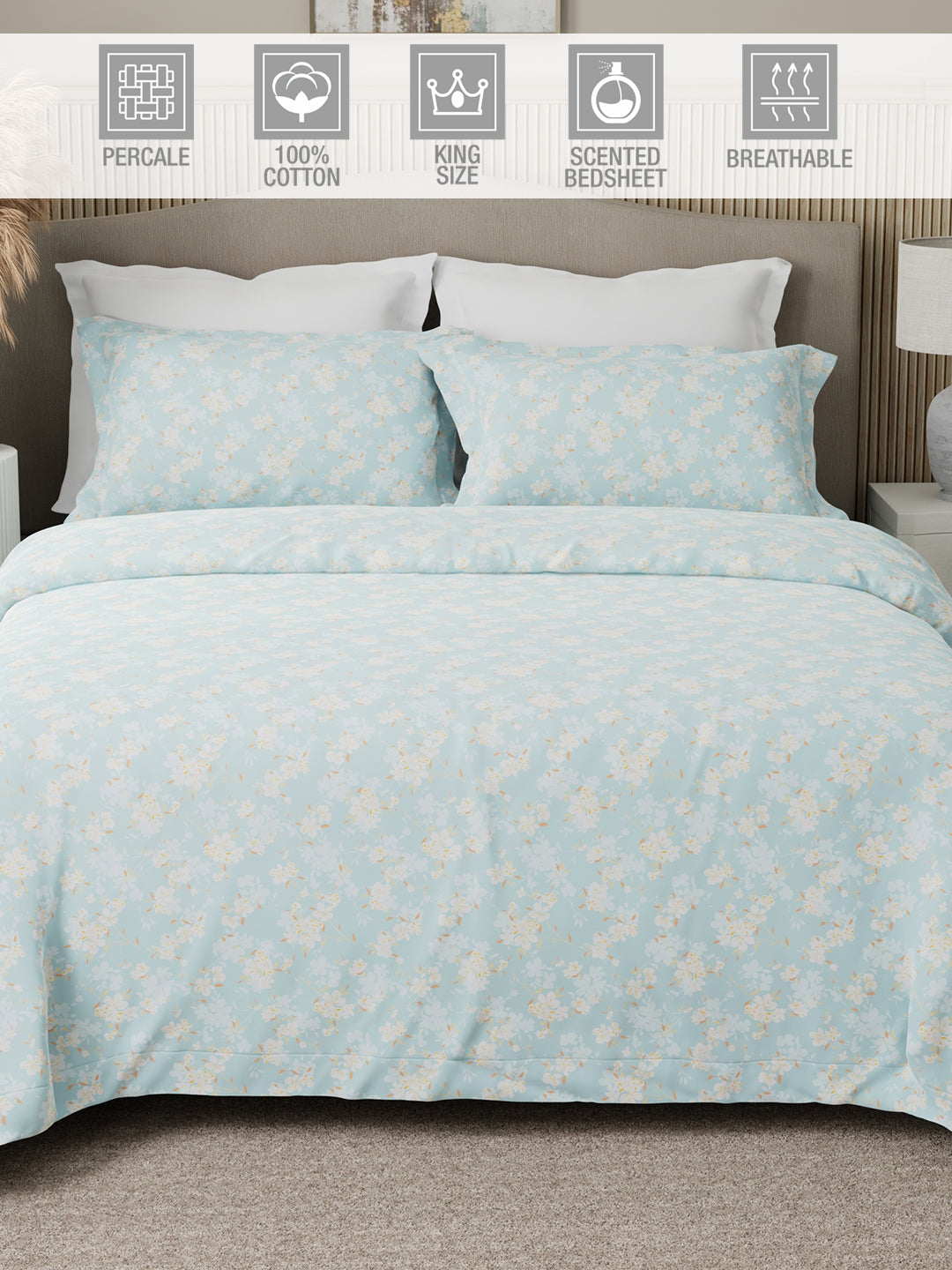 Nature Bouquet 100% Cotton 300 TC King Bedsheet with 2 Pillow Covers | Floral Fragrance Bedsheet Set