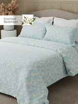 Nature Bouquet Premium 100% Cotton 300 TC Blue Floral King Bedsheet with 2 Pillow Covers (Jasmine Fragrance)