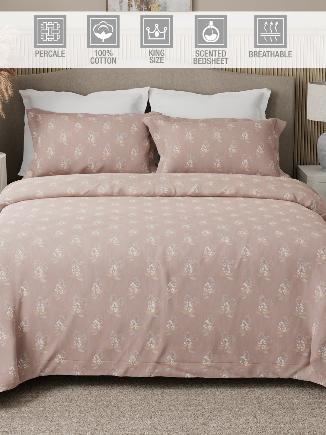 Nature Bouquet Premium 100% Cotton 300 TC Light Purple Floral King Bedsheet with 2 Pillow Covers (Sandalwood Fragrance)