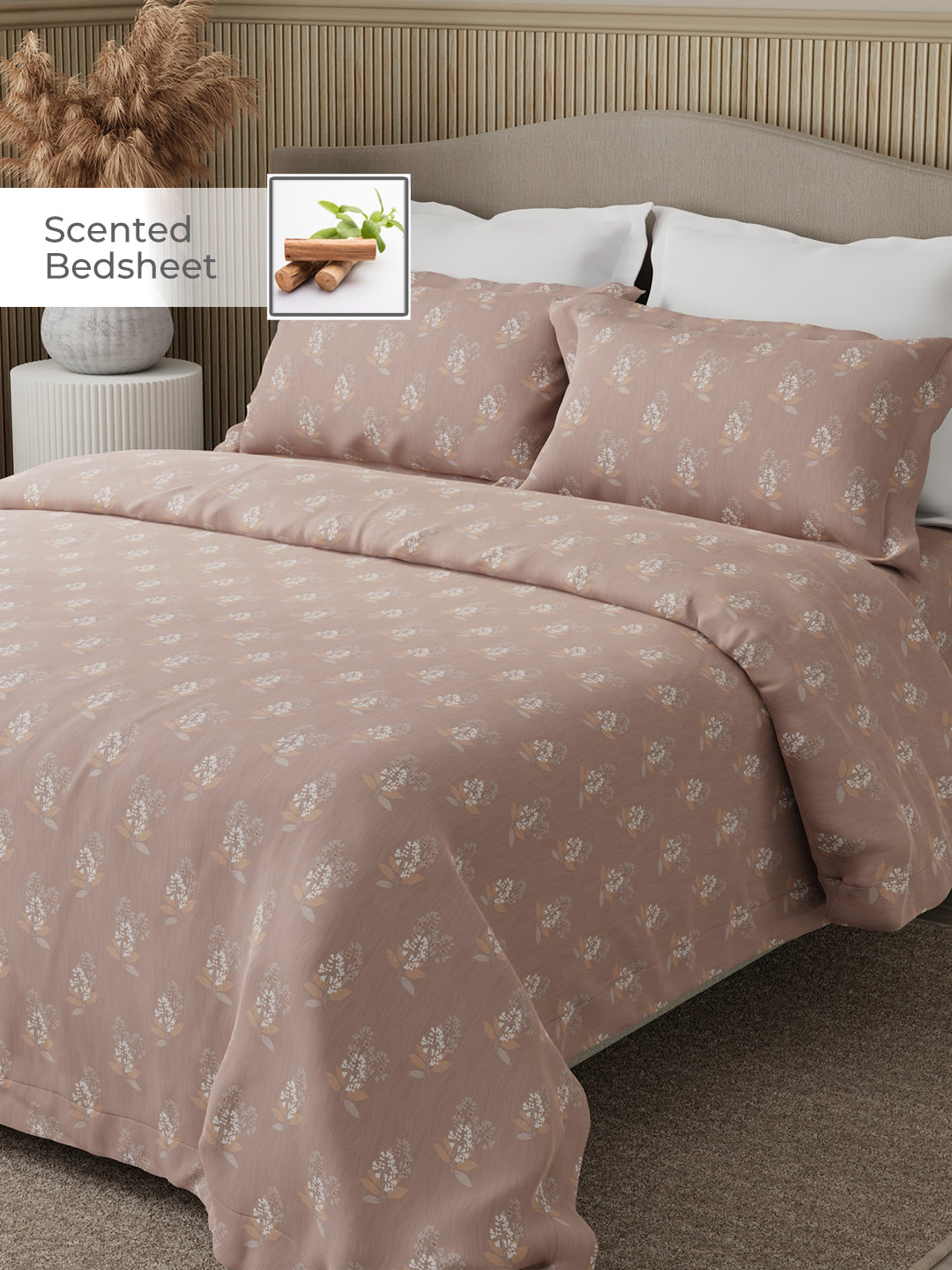 Nature Bouquet Premium 100% Cotton 300 TC Light Purple Floral King Bedsheet with 2 Pillow Covers (Sandalwood Fragrance)