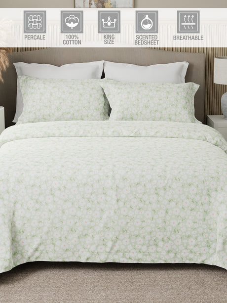 Nature Bouquet 100% Cotton 300 TC King Bedsheet with 2 Pillow Covers | Floral Fragrance Bedsheet Set
