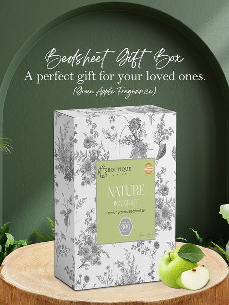 Nature Bouquet Premium 100% Cotton 300 TC Green Floral King Bedsheet with 2 Pillow Covers (Green Apple Fragrance)