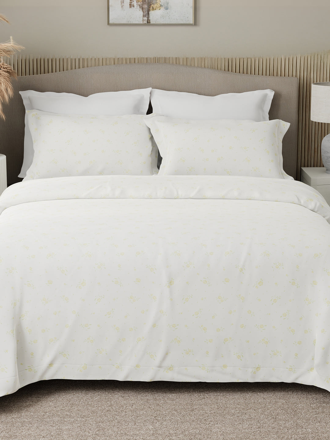 100% Cotton Scented King Bedsheet Set, 300 TC White & Yellow Floral (Green Apple Fragrance), Nature Bouquet
