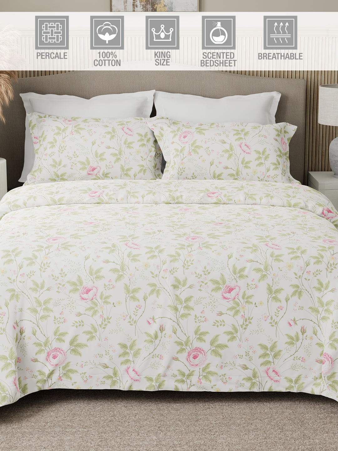 Nature Bouquet Premium 100% Cotton 300 TC White, Green & Pink Floral King Bedsheet with 2 Pillow Covers (Rose Fragrance)