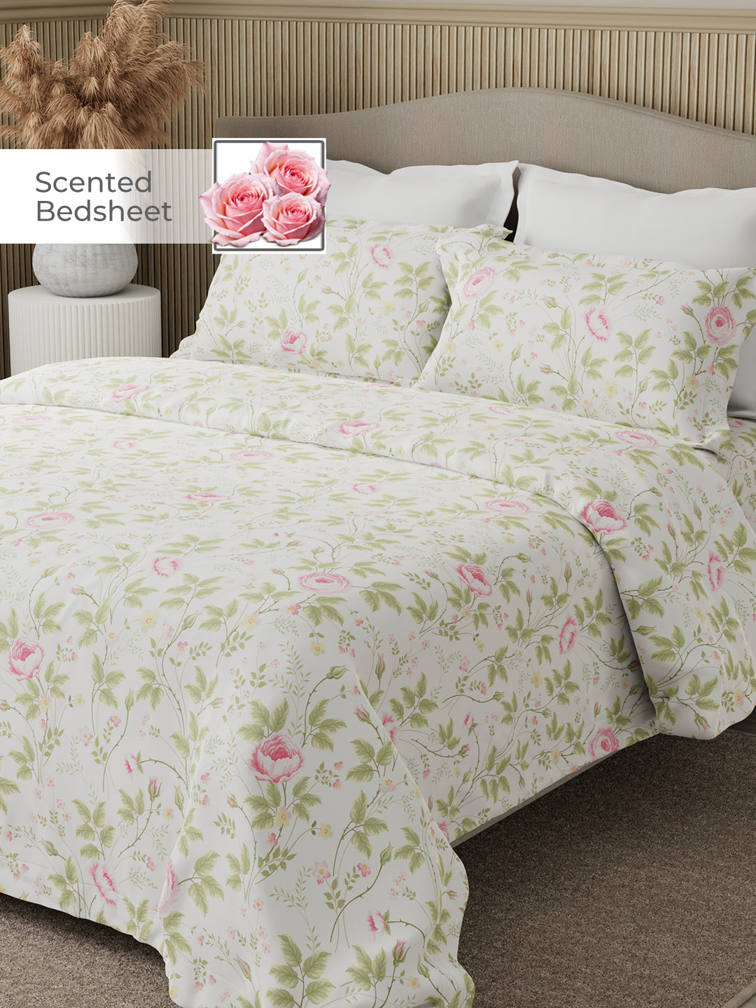 Nature Bouquet Premium 100% Cotton 300 TC White, Green & Pink Floral King Bedsheet with 2 Pillow Covers (Rose Fragrance)