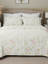 Nature Bouquet Premium 100% Cotton 300 TC White, Green & Pink Floral King Bedsheet with 2 Pillow Covers (Rose Fragrance)