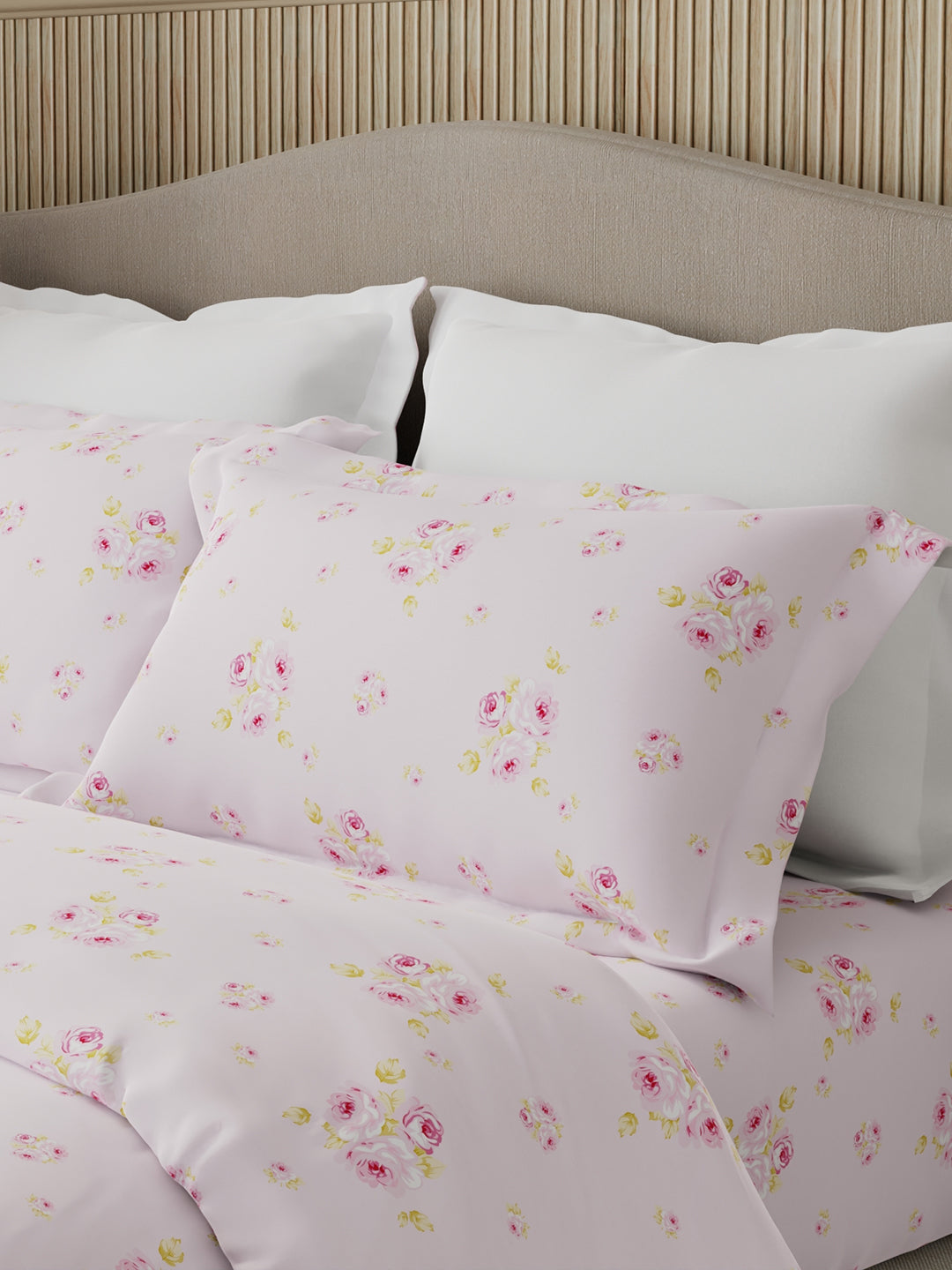 Nature Bouquet Premium 100% Cotton 300 TC Pink Floral King Bedsheet with 2 Pillow Covers (Rose Fragrance)