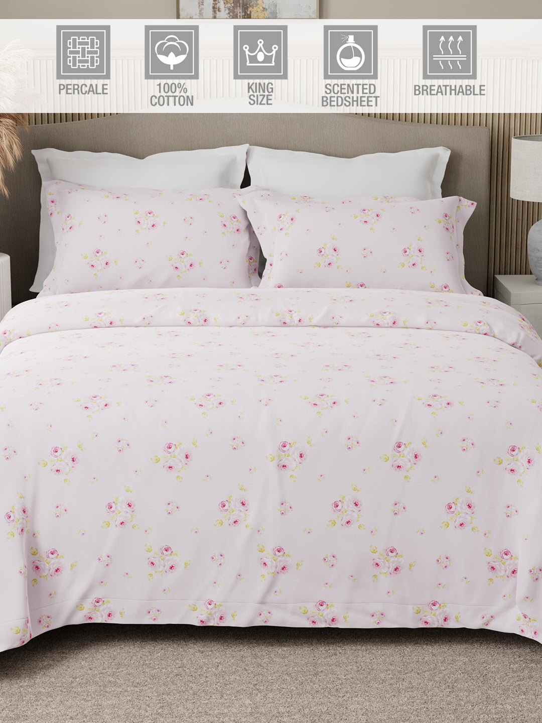 Nature Bouquet Premium 100% Cotton 300 TC Pink Floral King Bedsheet with 2 Pillow Covers (Rose Fragrance)