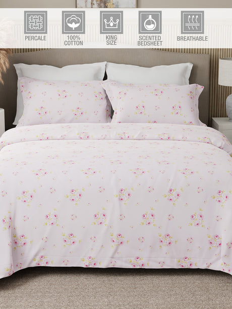 Nature Bouquet 100% Cotton 300 TC King Bedsheet with 2 Pillow Covers | Floral Fragrance Bedsheet Set