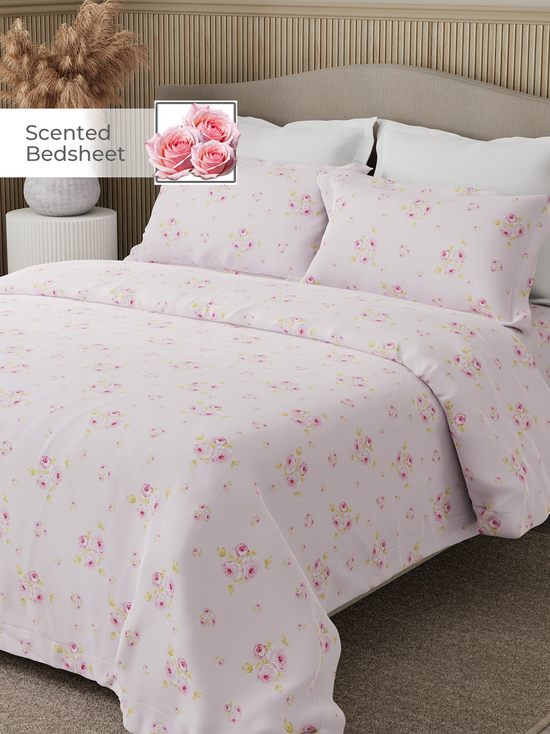 Nature Bouquet Premium 100% Cotton 300 TC Pink Floral King Bedsheet with 2 Pillow Covers (Rose Fragrance)