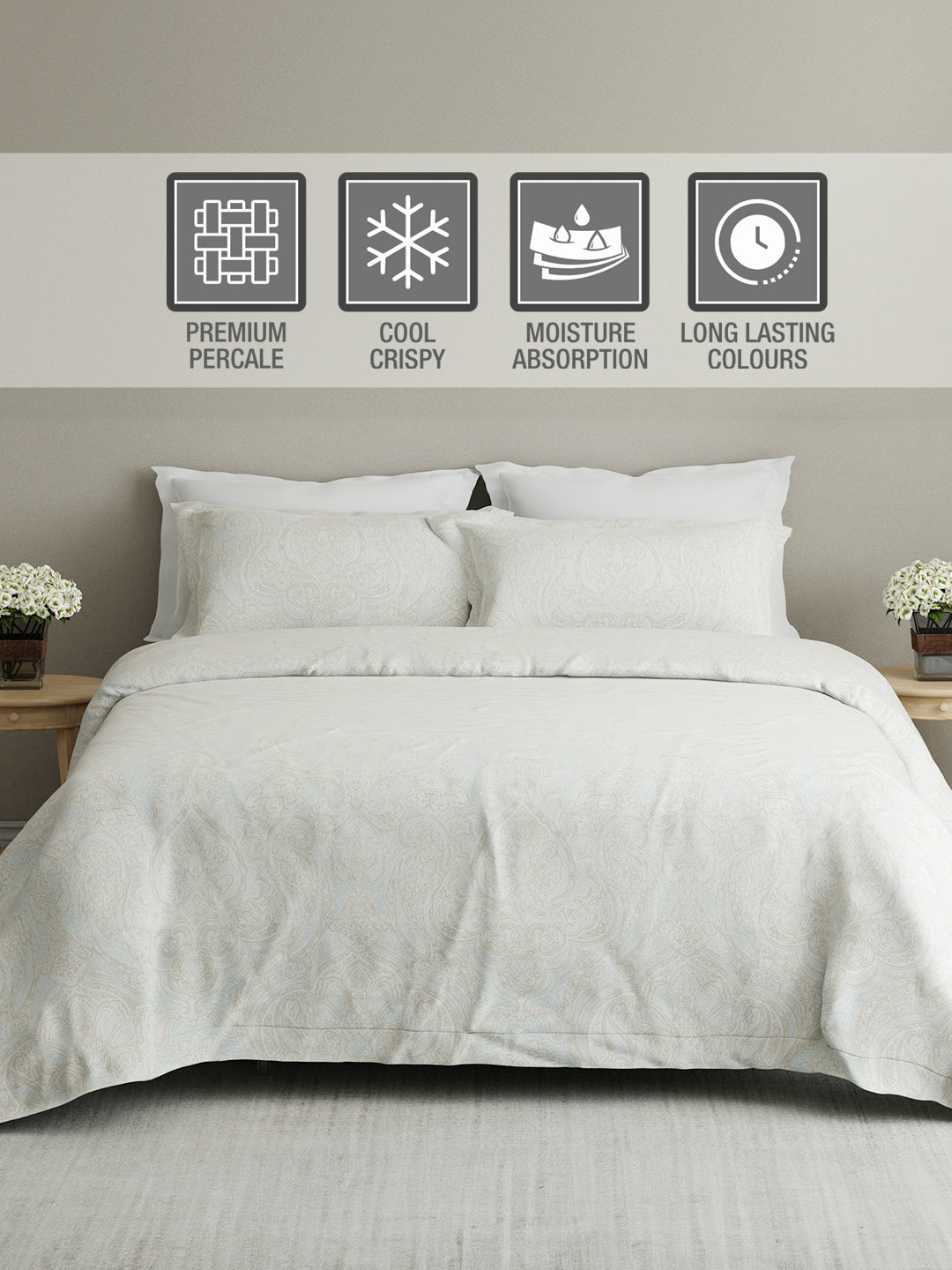 Cottage Garden 100% Cotton 300 TC Cream & Blue Ethnic Print King Bedsheet with 2 Pillow Covers - Perfect for Gifting