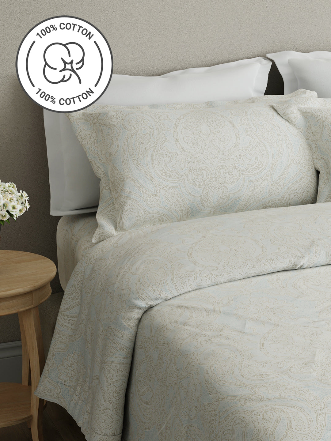 Cottage Garden 100% Cotton 300 TC Cream & Blue Ethnic Print King Bedsheet with 2 Pillow Covers - Perfect for Gifting