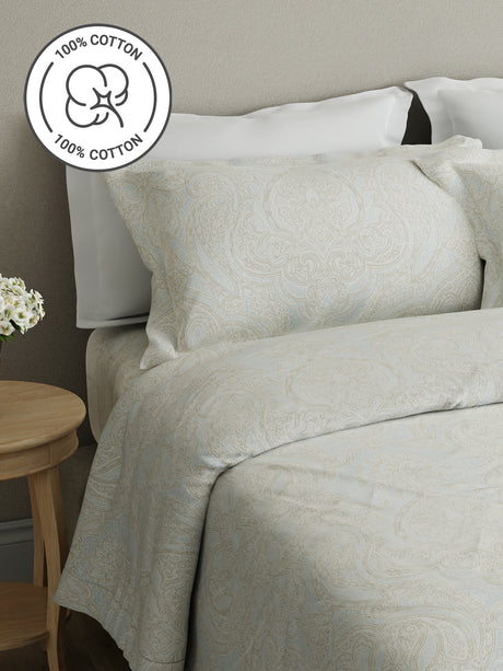 Cottage Garden 100% Cotton 300 TC Cream & Blue Ethnic Print King Bedsheet with 2 Pillow Covers - Perfect for Gifting