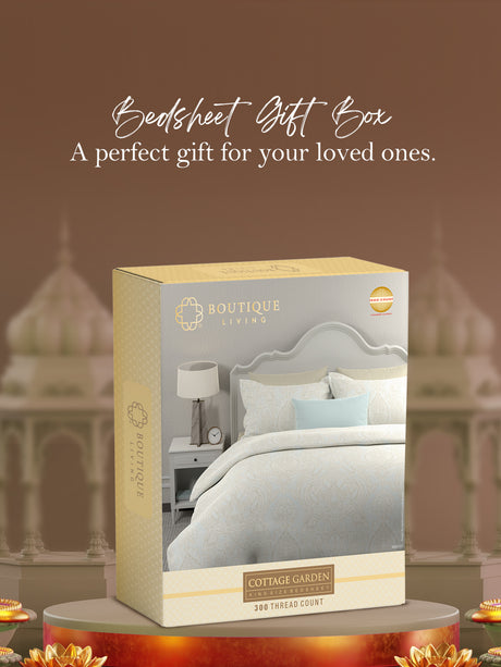 Cottage Garden 100% Cotton 300 TC Cream & Blue Ethnic Print King Bedsheet with 2 Pillow Covers - Perfect for Gifting