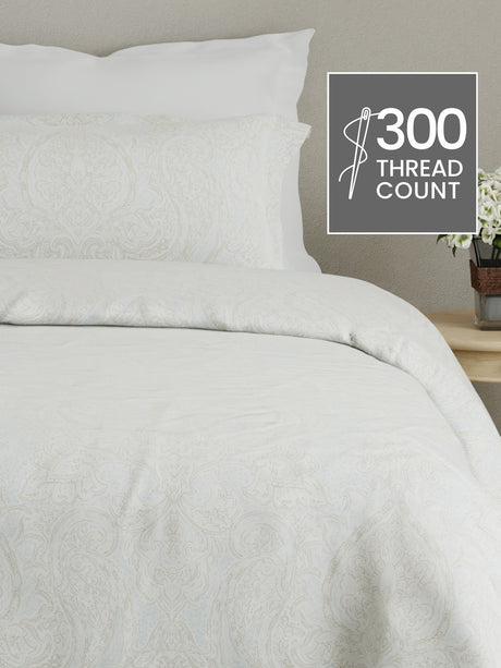 Cottage Garden 100% Cotton 300 TC Cream & Blue Ethnic Print King Bedsheet with 2 Pillow Covers - Perfect for Gifting