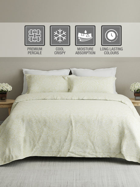 Cottage Garden 100% Cotton 300 TC Green & White Ethnic Print King Bedsheet with 2 Pillow Covers - Perfect for Gifting