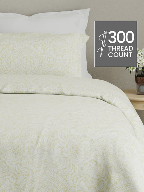 Cottage Garden 100% Cotton 300 TC Green & White Ethnic Print King Bedsheet with 2 Pillow Covers - Perfect for Gifting