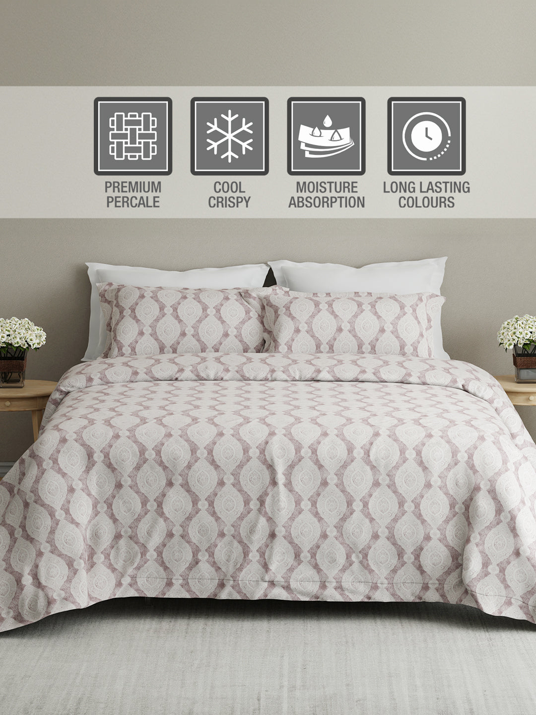Cottage Garden 100% Cotton 300 TC Grey Ethnic Print King Bedsheet with 2 Pillow Covers - Perfect for Gifting