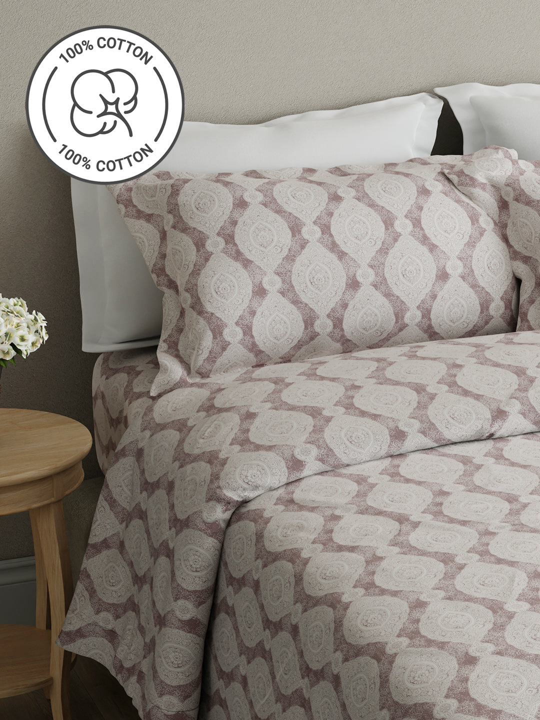 Cottage Garden 100% Cotton 300 TC Grey Ethnic Print King Bedsheet with 2 Pillow Covers - Perfect for Gifting