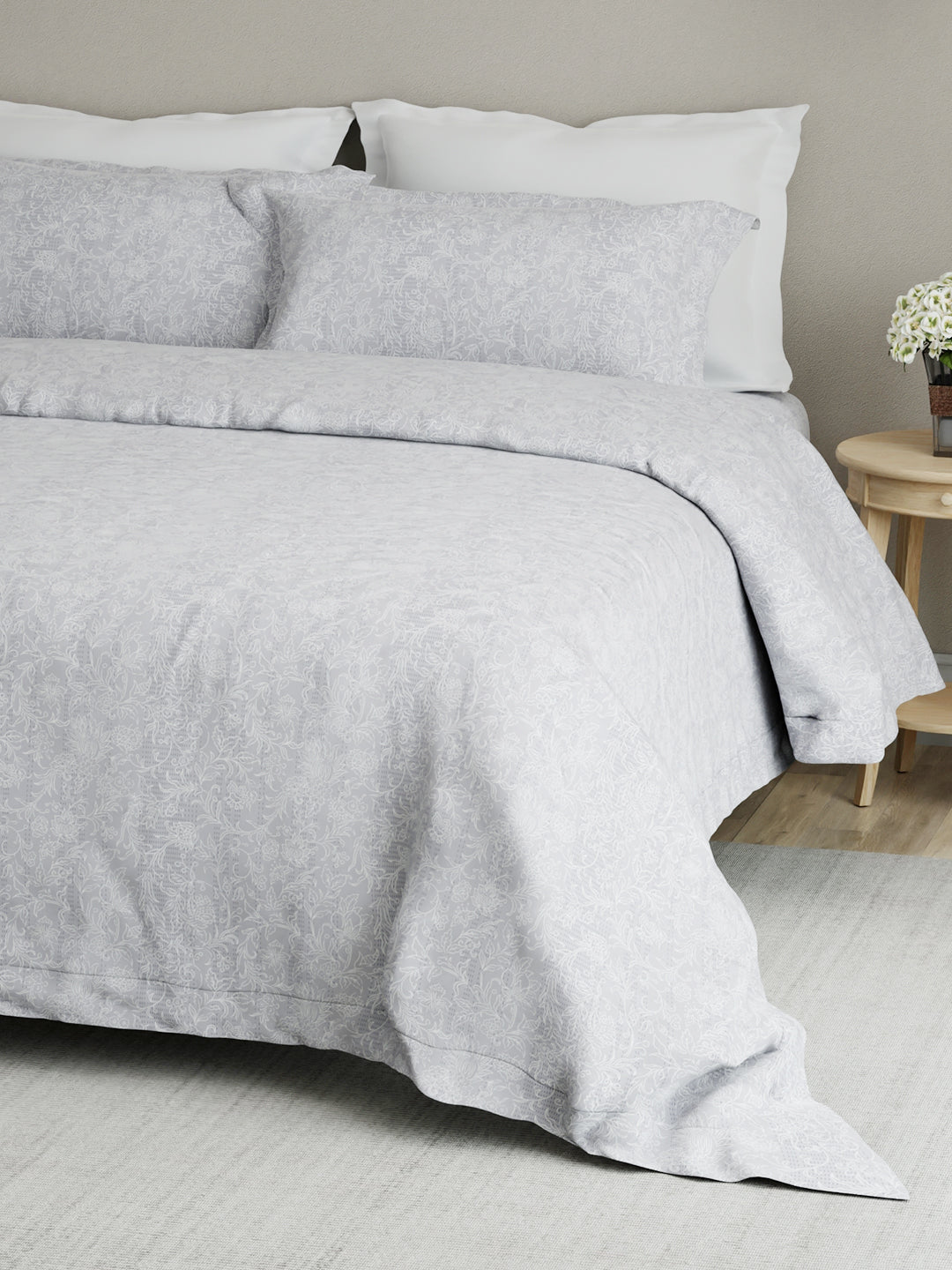 Cottage Garden 100% Cotton 300 TC Grey Floral King Bedsheet with 2 Pillow Covers - Perfect for Gifting