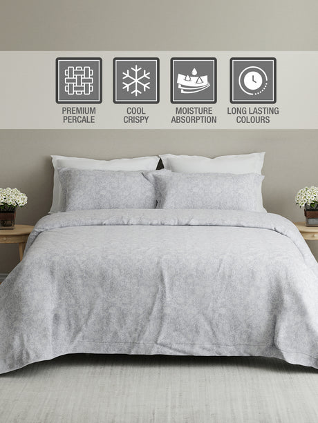 Cottage Garden 100% Cotton 300 TC Grey Floral King Bedsheet with 2 Pillow Covers - Perfect for Gifting