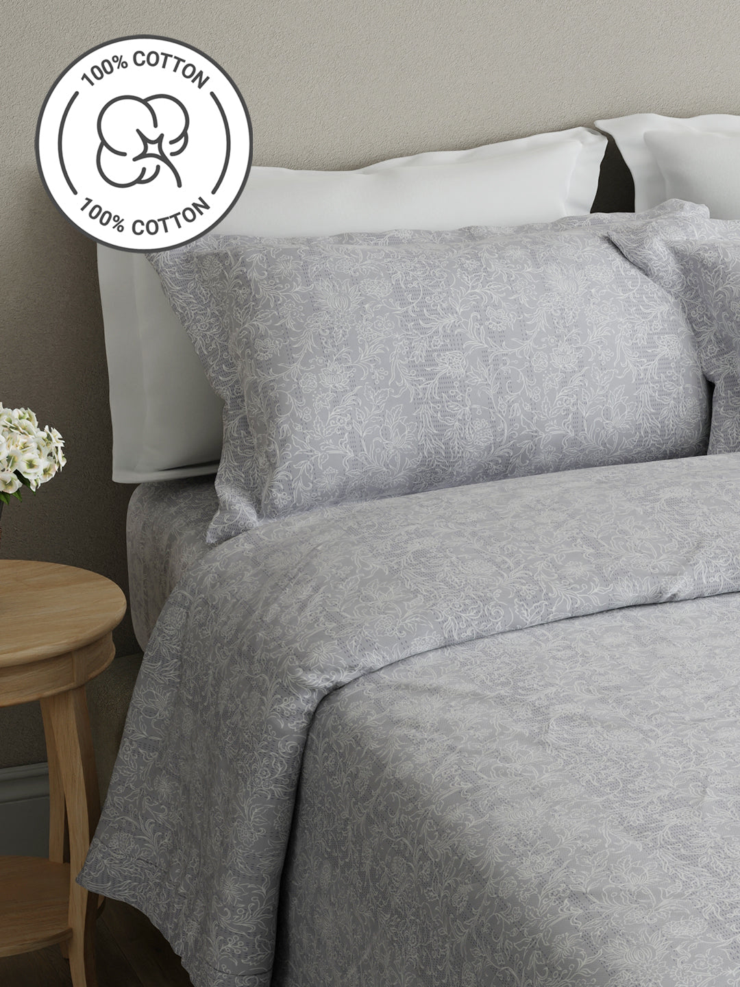 Cottage Garden 100% Cotton 300 TC Grey Floral King Bedsheet with 2 Pillow Covers - Perfect for Gifting