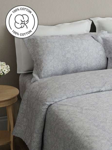 Cottage Garden 100% Cotton 300 TC Grey Floral King Bedsheet with 2 Pillow Covers - Perfect for Gifting