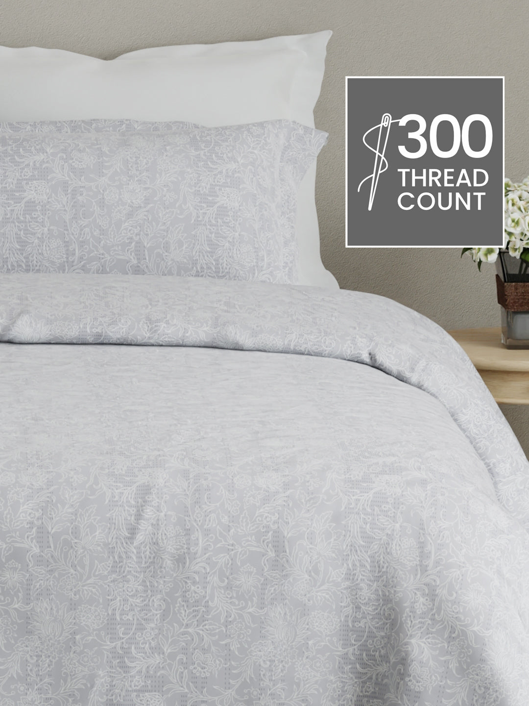 Cottage Garden 100% Cotton 300 TC Grey Floral King Bedsheet with 2 Pillow Covers - Perfect for Gifting