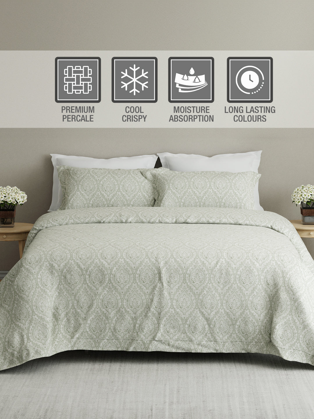 Cottage Garden 100% Cotton 300 TC Grey Ethnic Print King Bedsheet with 2 Pillow Covers - Perfect for Gifting