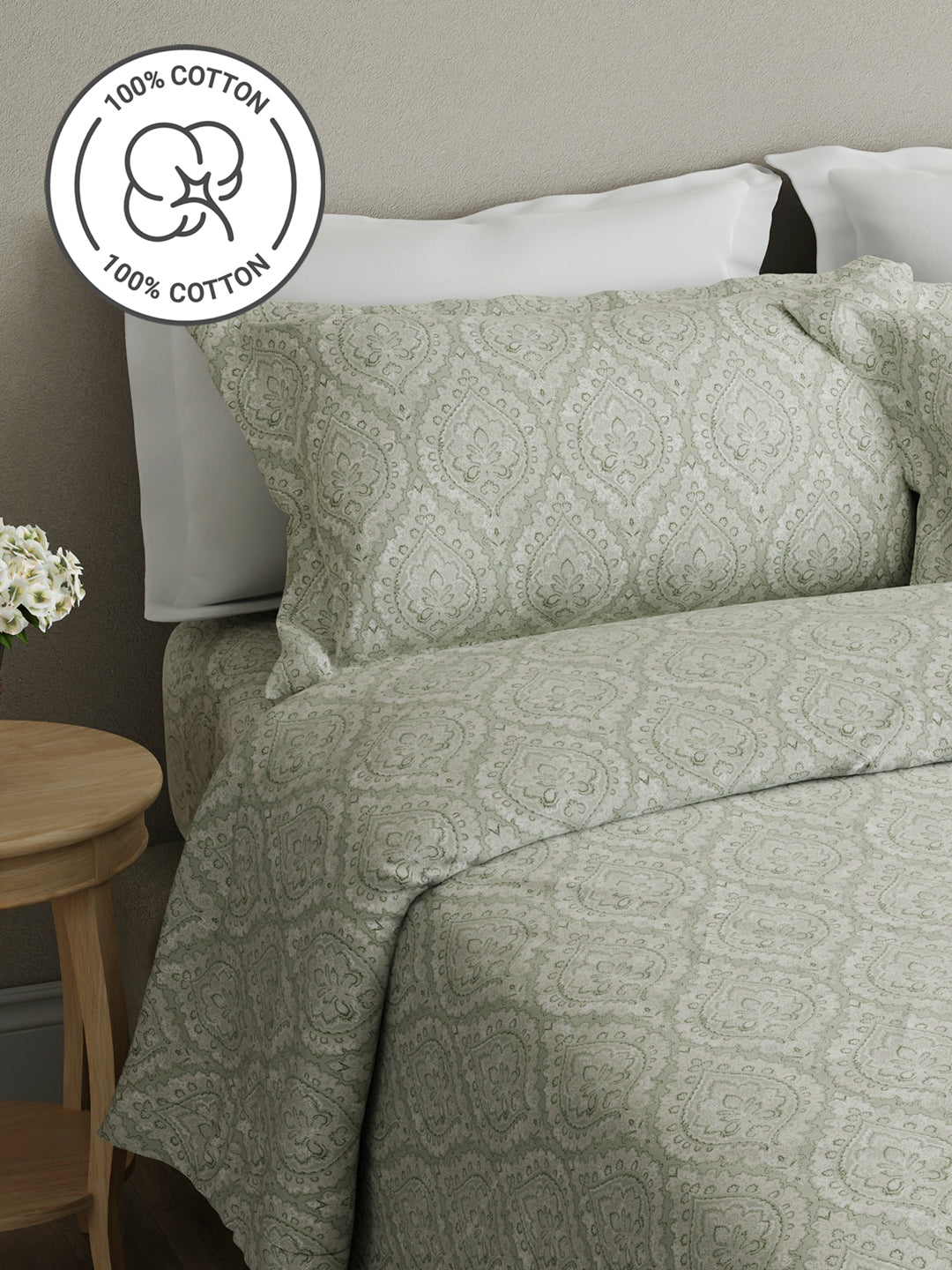 Cottage Garden 100% Cotton 300 TC Grey Ethnic Print King Bedsheet with 2 Pillow Covers - Perfect for Gifting