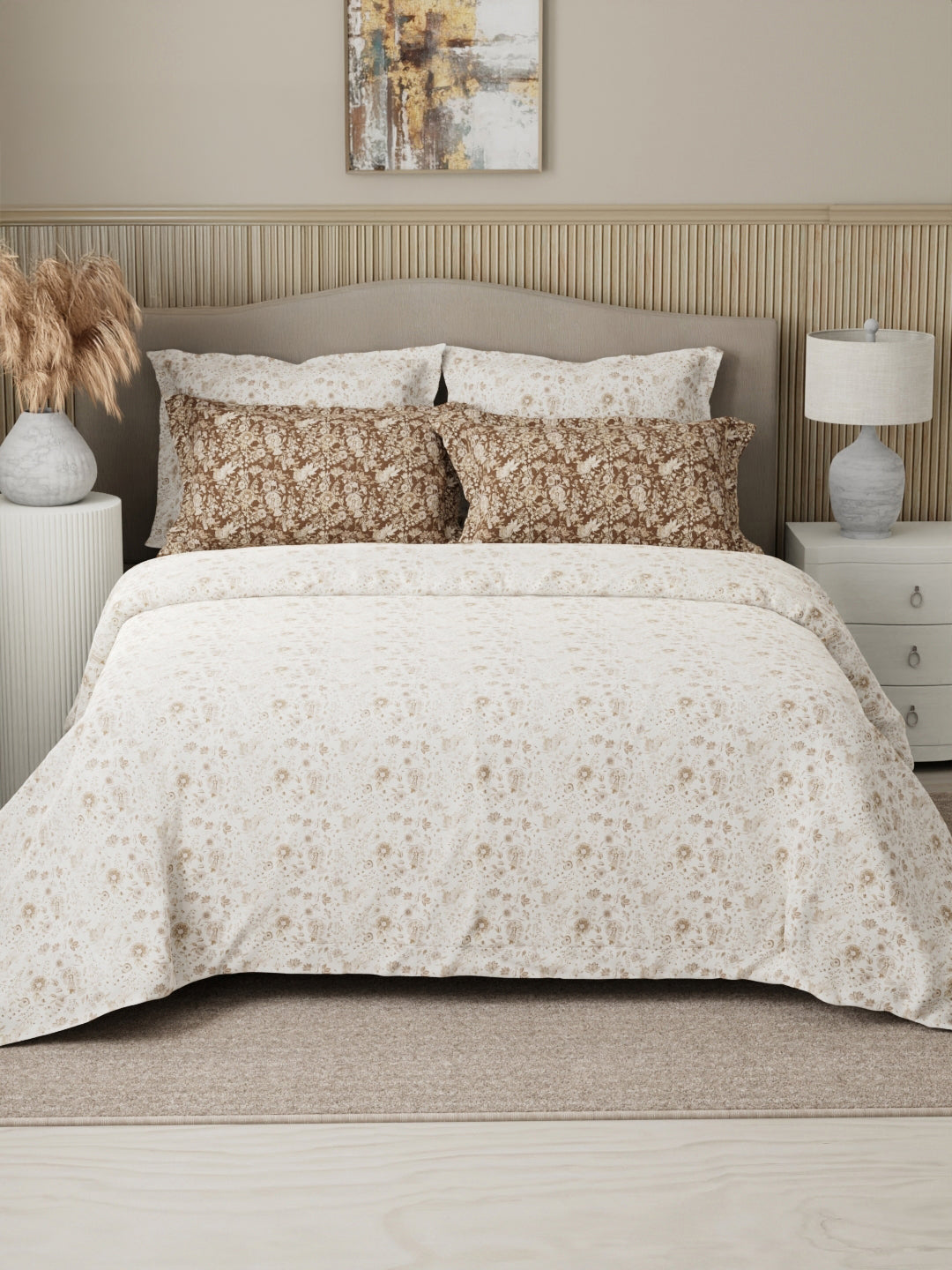 Royal Essence 100% Cotton 400 TC White & Brown Digital Floral Print King Bedsheet with 4 Pillow Covers