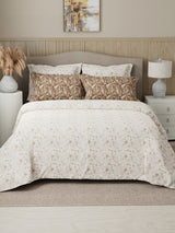 Royal Essence 100% Cotton 400 TC White & Brown Digital Floral Print King Bedsheet with 4 Pillow Covers