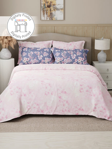 Royal Essence 100% Cotton 400 TC Pink & Purple Digital Floral Print King Bedsheet with 4 Pillow Covers
