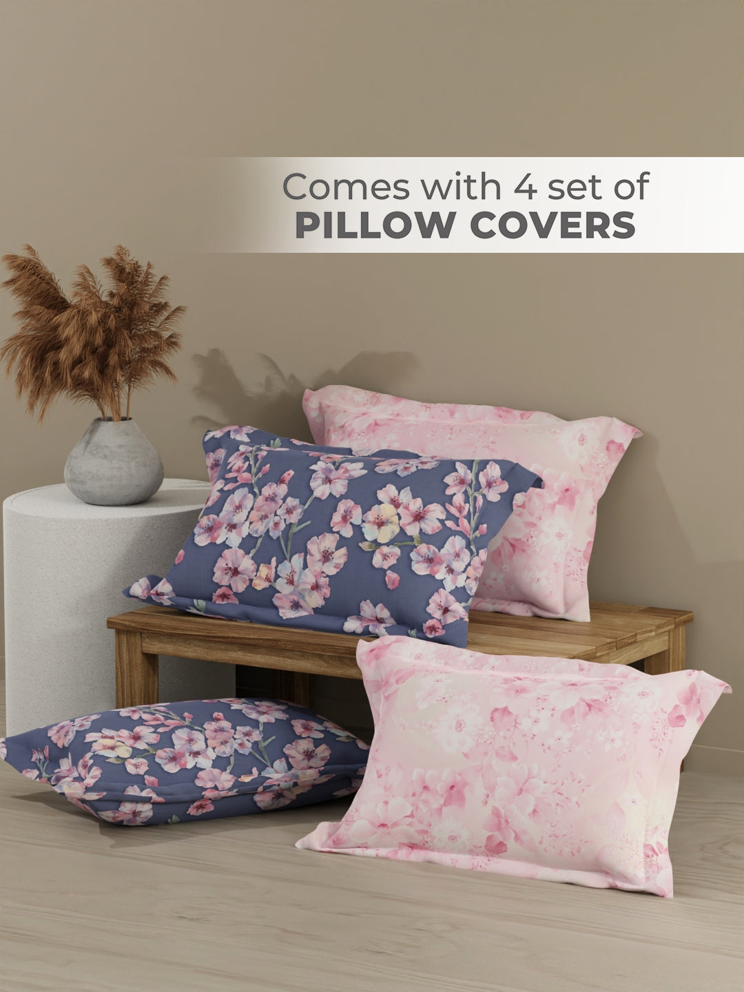 Royal Essence 100% Cotton 400 TC Pink & Purple Digital Floral Print King Bedsheet with 4 Pillow Covers