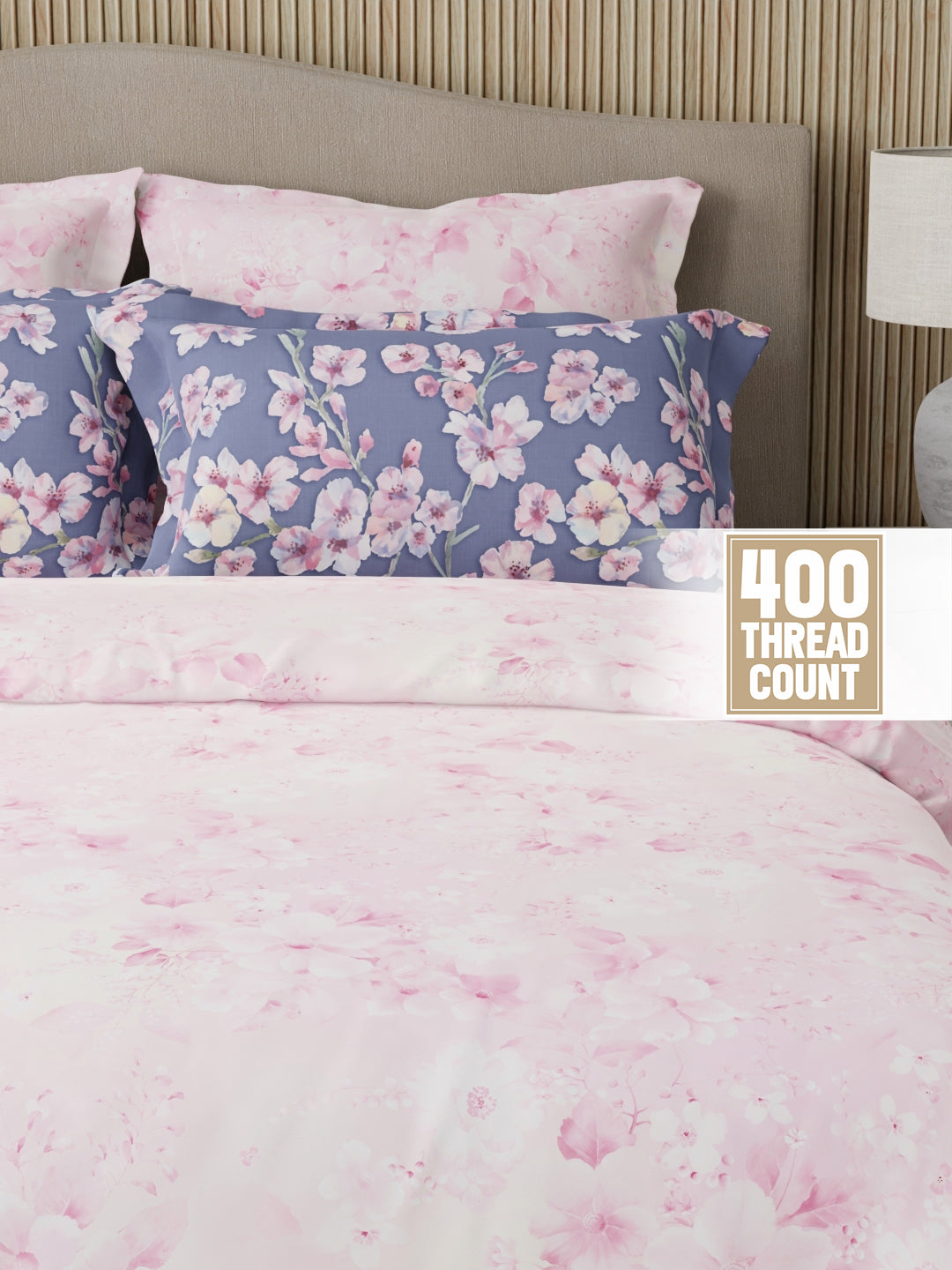 Royal Essence 100% Cotton 400 TC Pink & Purple Digital Floral Print King Bedsheet with 4 Pillow Covers