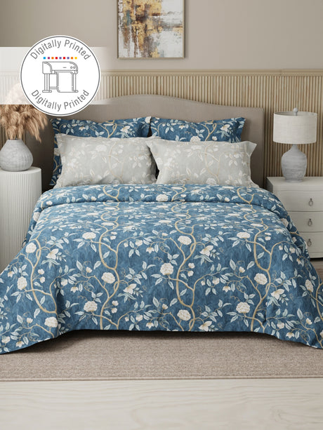 Royal Essence 100% Cotton 400 TC Blue & Grey Digital Floral Print King Bedsheet with 4 Pillow Covers