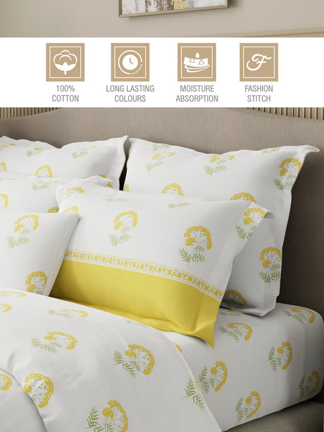 Royal Essence 100% Cotton 400 TC Yellow & White Floral King Bedsheet with 4 Pillow Covers & 2 Cushion Covers