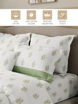 Royal Essence 100% Cotton 400 TC Green & White Floral King Bedsheet with 4 Pillow Covers & 2 Cushion Covers