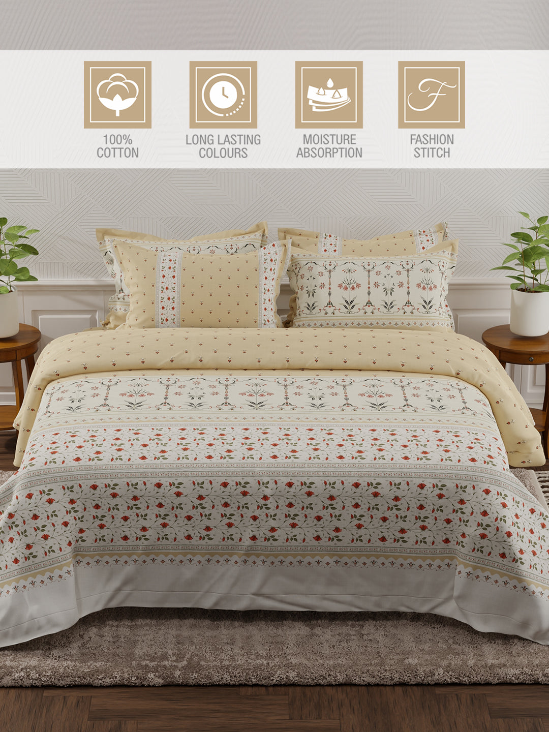 Platinum Pulse 100% Cotton 800 TC Beige Digital Meenakari Print King Bedsheet with 4 Pillow Covers