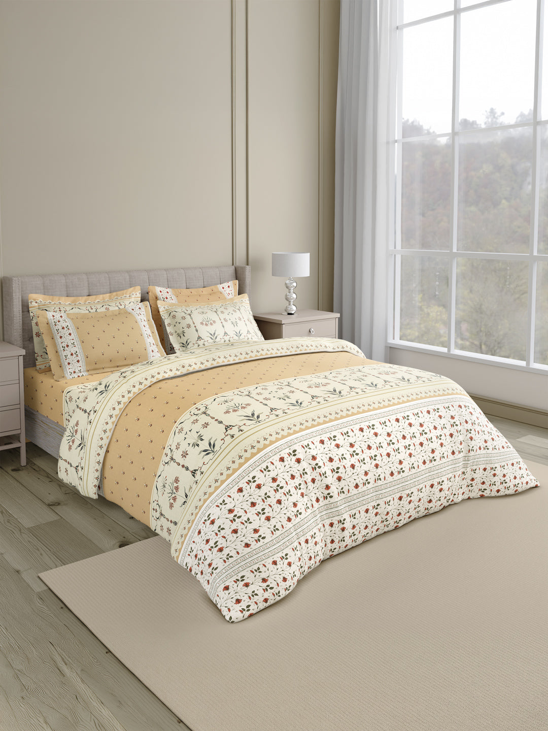 100% Cotton 800 TC King Bedsheet Set, Beige Digitally Printed, Platinum Pulse Collection, Meenakari Design Prints
