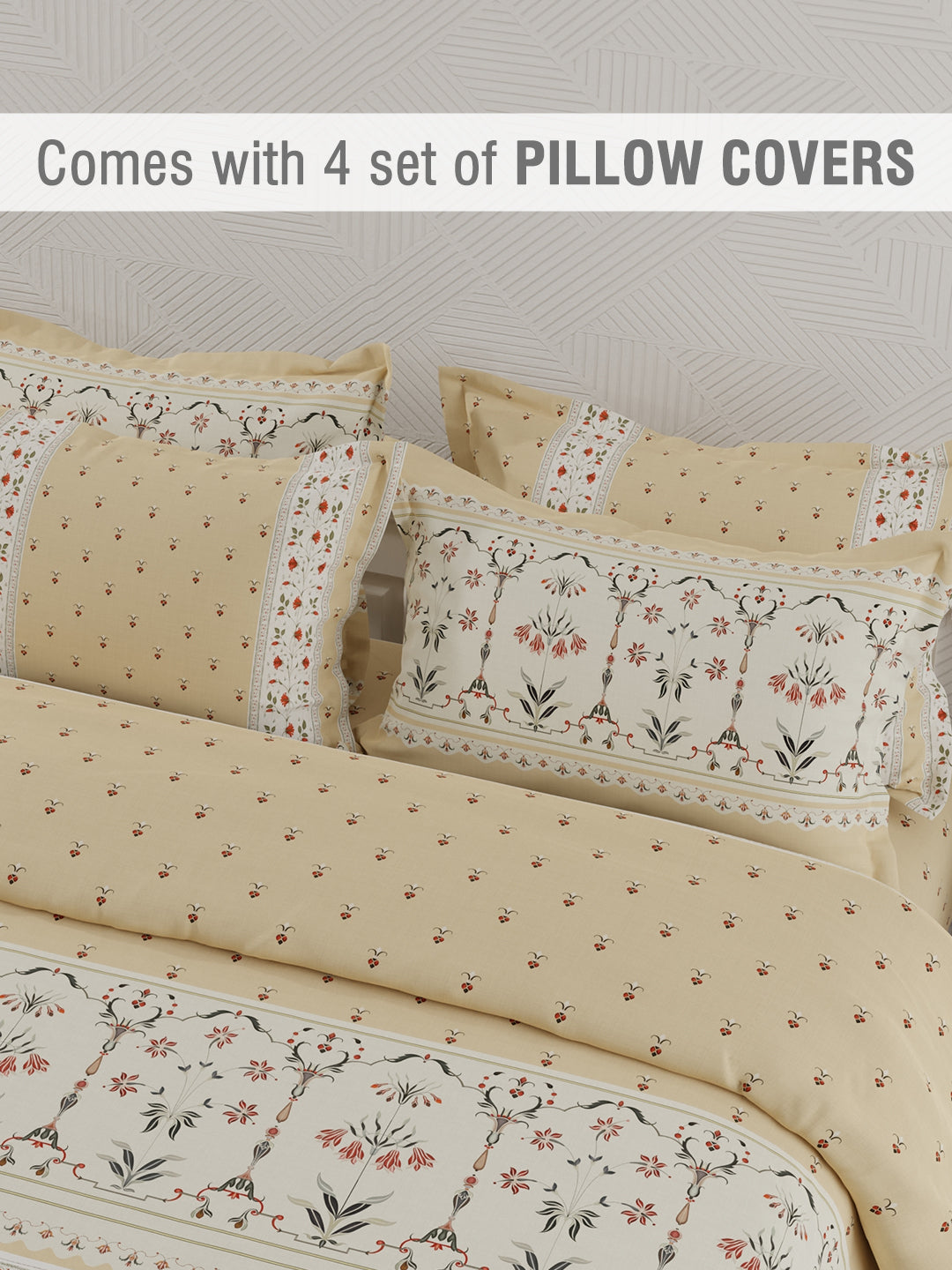 Platinum Pulse 100% Cotton 800 TC Beige Digital Meenakari Print King Bedsheet with 4 Pillow Covers