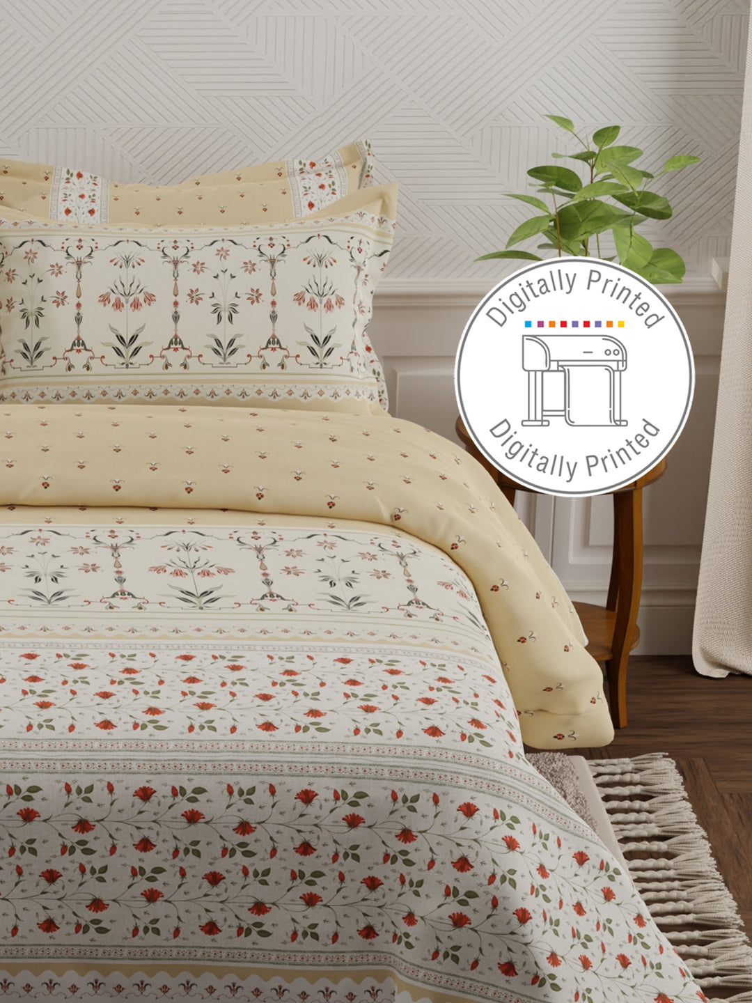 Platinum Pulse 100% Cotton 800 TC Beige Digital Meenakari Print King Bedsheet with 4 Pillow Covers