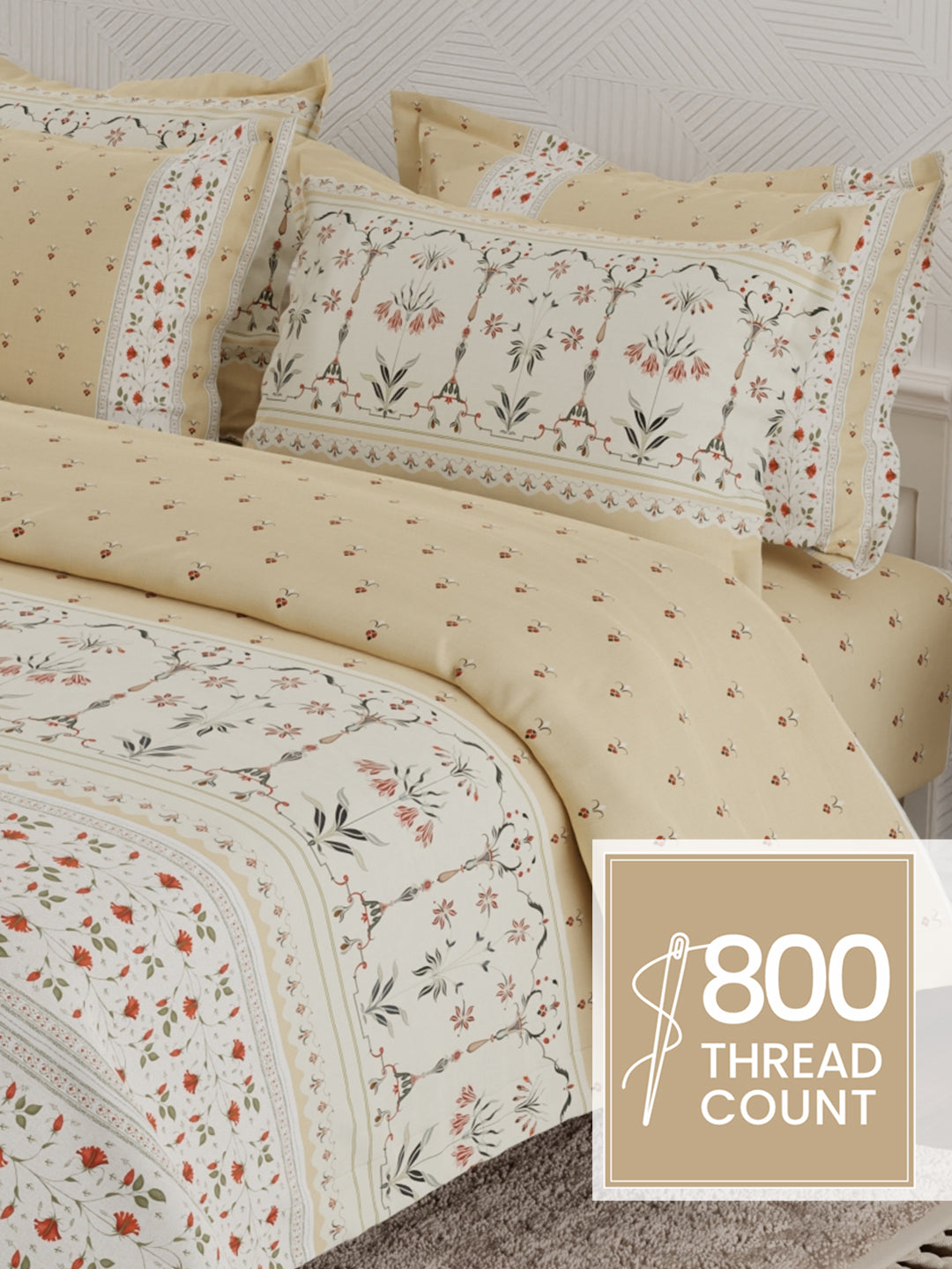Platinum Pulse 100% Cotton 800 TC Beige Digital Meenakari Print King Bedsheet with 4 Pillow Covers