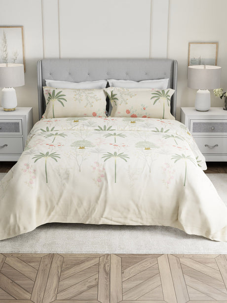 Gardenia Augusta 100% Cotton 300 TC Cream & Green Digital Floral Print King Bedsheet with 2 Pillow Covers