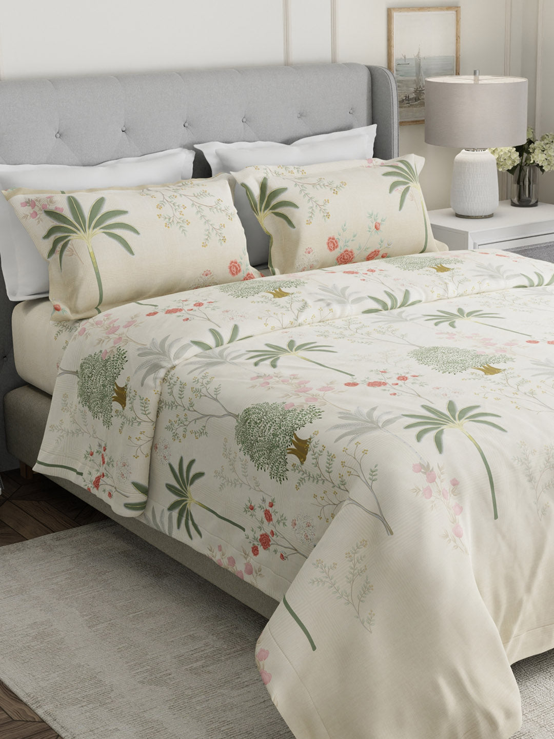 Gardenia Augusta 100% Cotton 300 TC Cream & Green Digital Floral Print King Bedsheet with 2 Pillow Covers