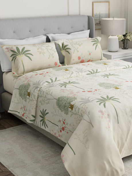 Gardenia Augusta 100% Cotton 300 TC Cream & Green Digital Floral Print King Bedsheet with 2 Pillow Covers