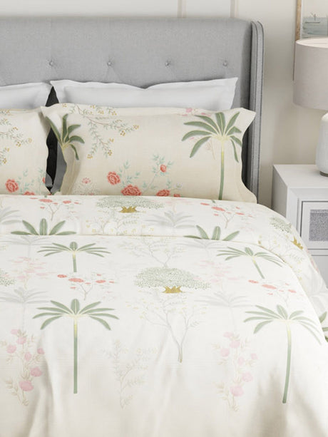 Gardenia Augusta 100% Cotton 300 TC Cream & Green Digital Floral Print King Bedsheet with 2 Pillow Covers